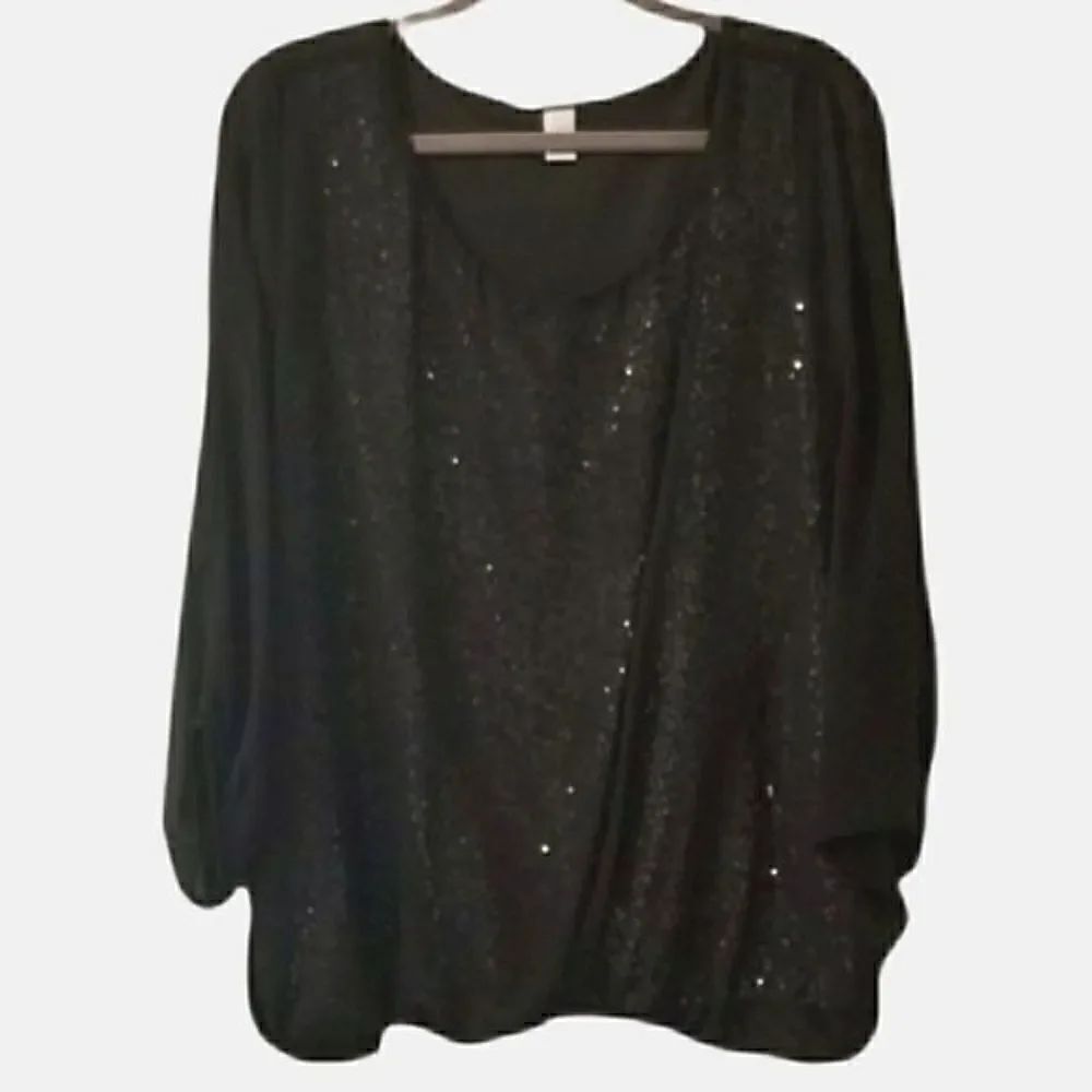 Christopher & Banks Black Sequin Layered Pullover 3/4 Sleeve Blouse Size XL
